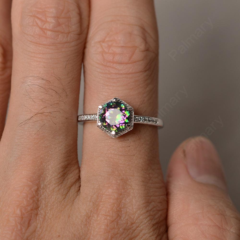 Hexagon Round Cut Mystic Topaz Promise Rings - Palmary