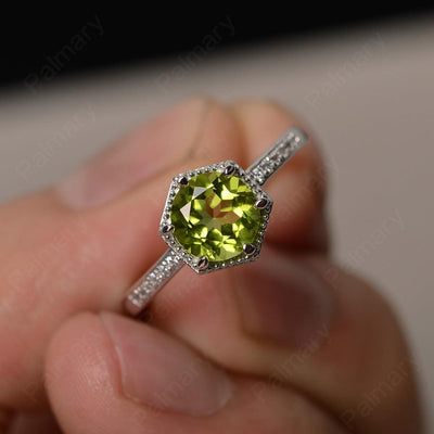 Hexagon Round Cut Peridot Promise Rings - Palmary