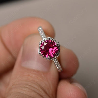 Hexagon Round Cut Ruby Promise Rings - Palmary
