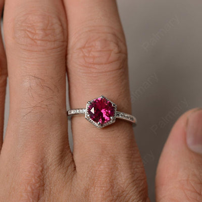 Hexagon Round Cut Ruby Promise Rings - Palmary