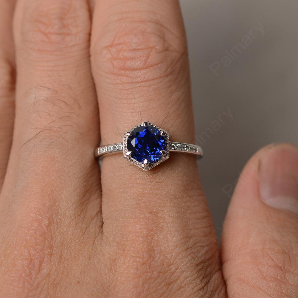 Hexagon Round Cut Sapphire Promise Rings - Palmary