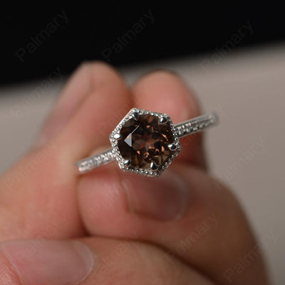 Hexagon Round Cut Smoky Quartz  Promise Rings - Palmary