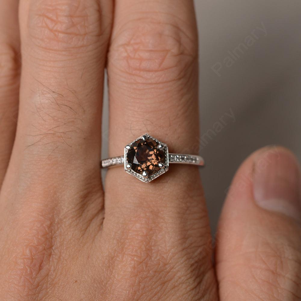 Hexagon Round Cut Smoky Quartz  Promise Rings - Palmary