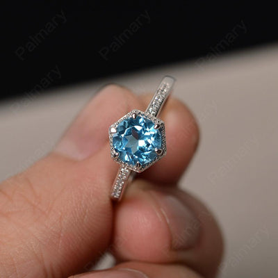Hexagon Round Cut Swiss Blue Topaz Promise Rings - Palmary