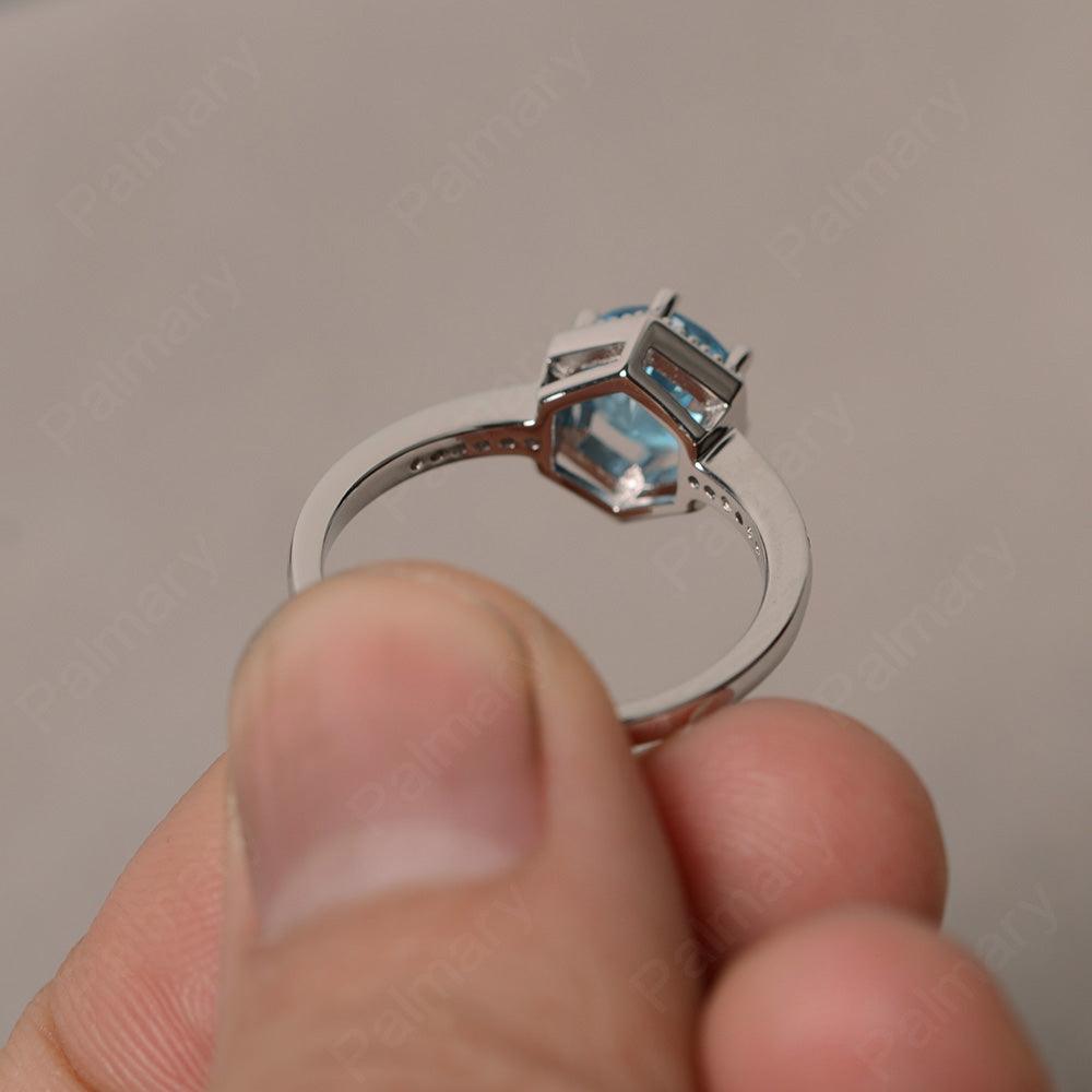 Hexagon Round Cut Swiss Blue Topaz Promise Rings - Palmary