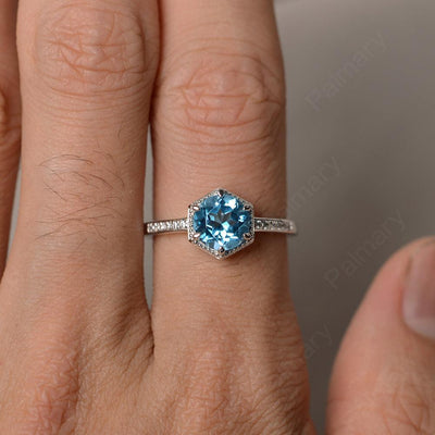 Hexagon Round Cut Swiss Blue Topaz Promise Rings - Palmary