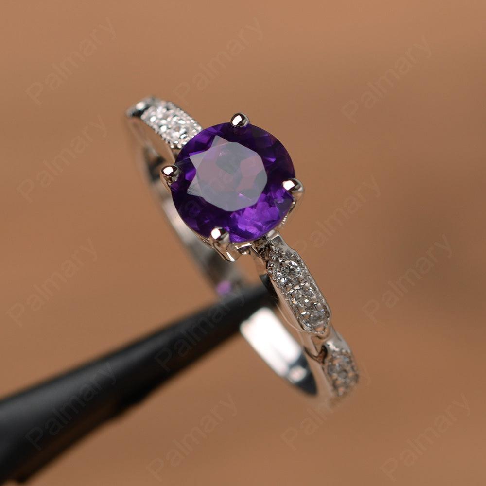 Round Cut Amethyst Wedding Rings - Palmary