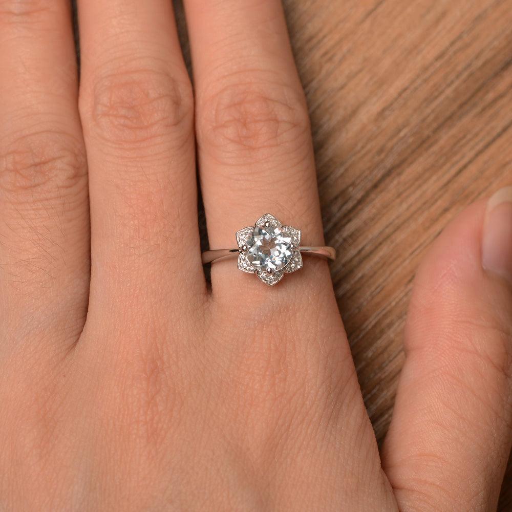 Round Cut Flower Aquamarine Engagement Rings - Palmary