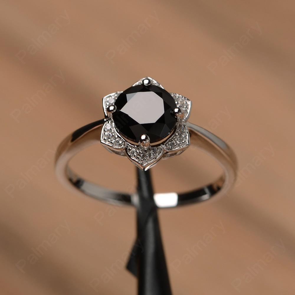 Round Cut Flower Black Spinel Engagement Rings - Palmary