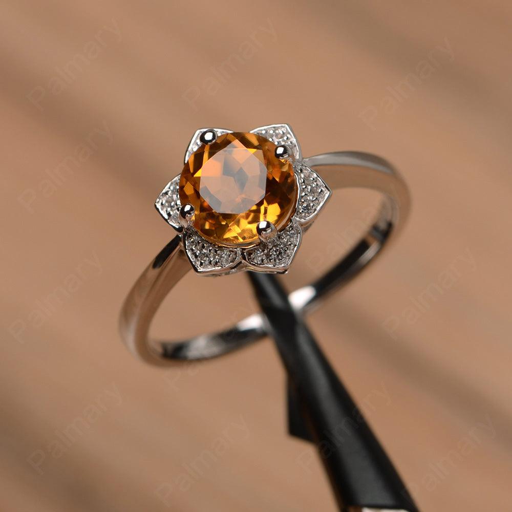 Round Cut Flower Citrine Engagement Rings - Palmary