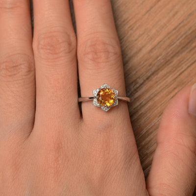 Round Cut Flower Citrine Engagement Rings - Palmary