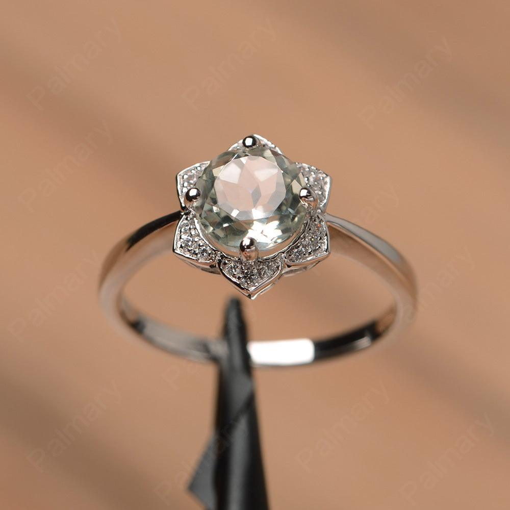 Round Cut Flower Green Amethyst Engagement Rings - Palmary