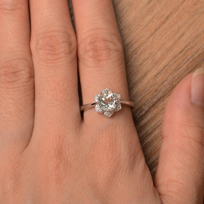 Round Cut Flower Green Amethyst Engagement Rings - Palmary