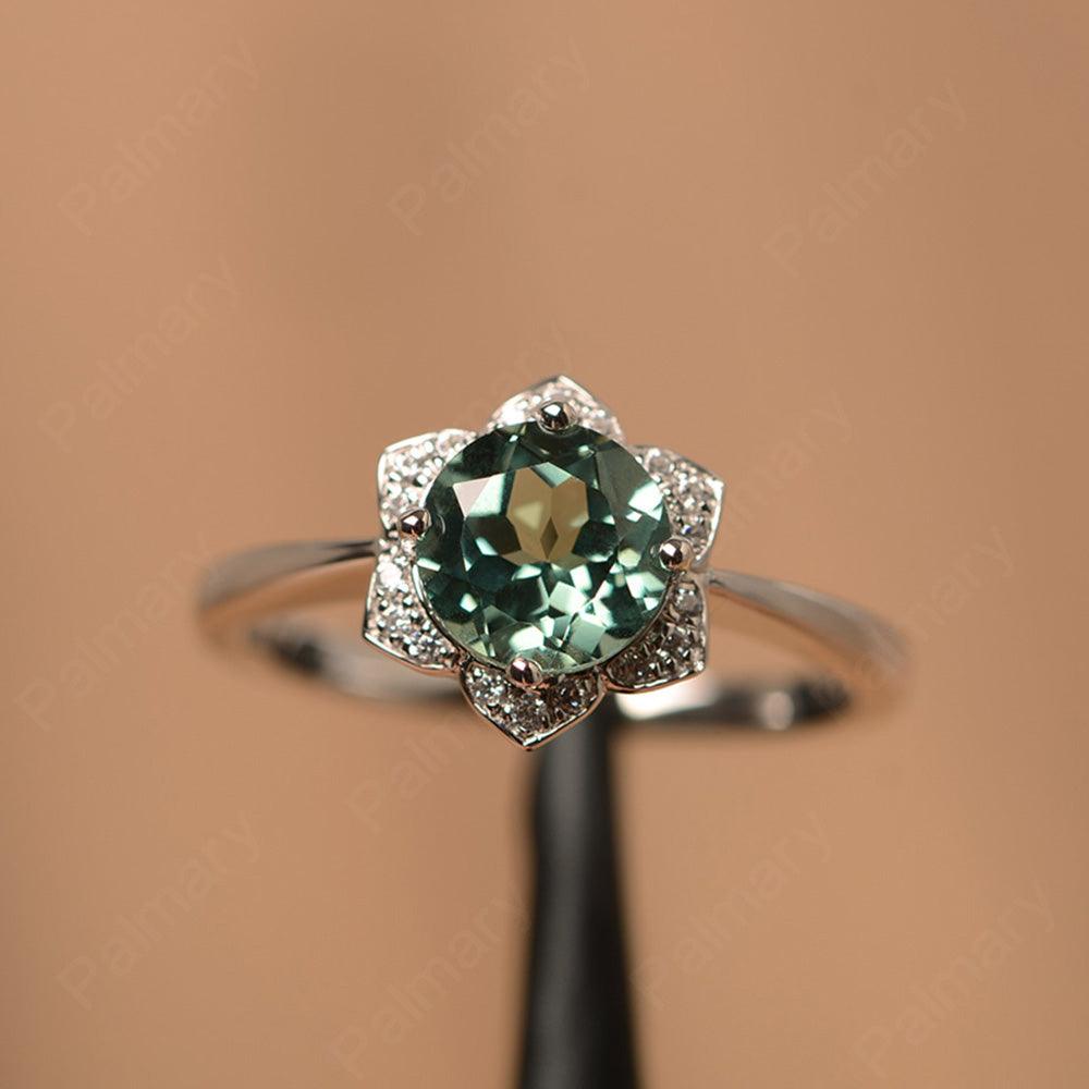 Round Cut Flower Green Sapphire Engagement Rings - Palmary