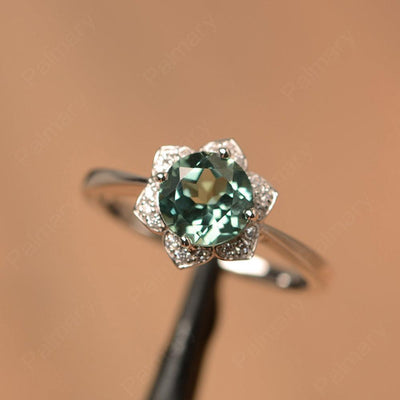 Round Cut Flower Green Sapphire Engagement Rings - Palmary