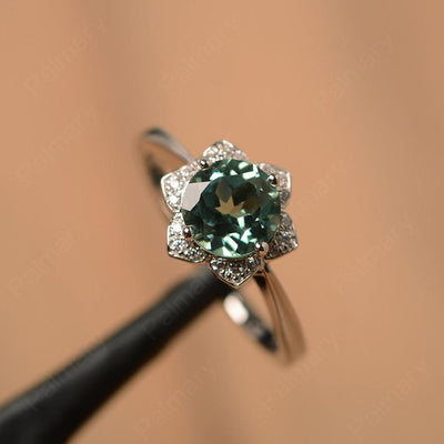Round Cut Flower Green Sapphire Engagement Rings - Palmary