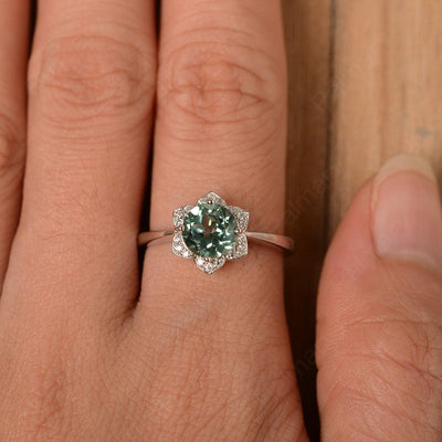 Round Cut Flower Green Sapphire Engagement Rings - Palmary