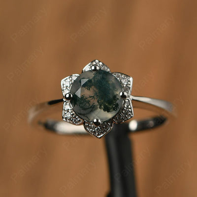 Round Cut Flower Moss Agate Engagement Rings - Palmary
