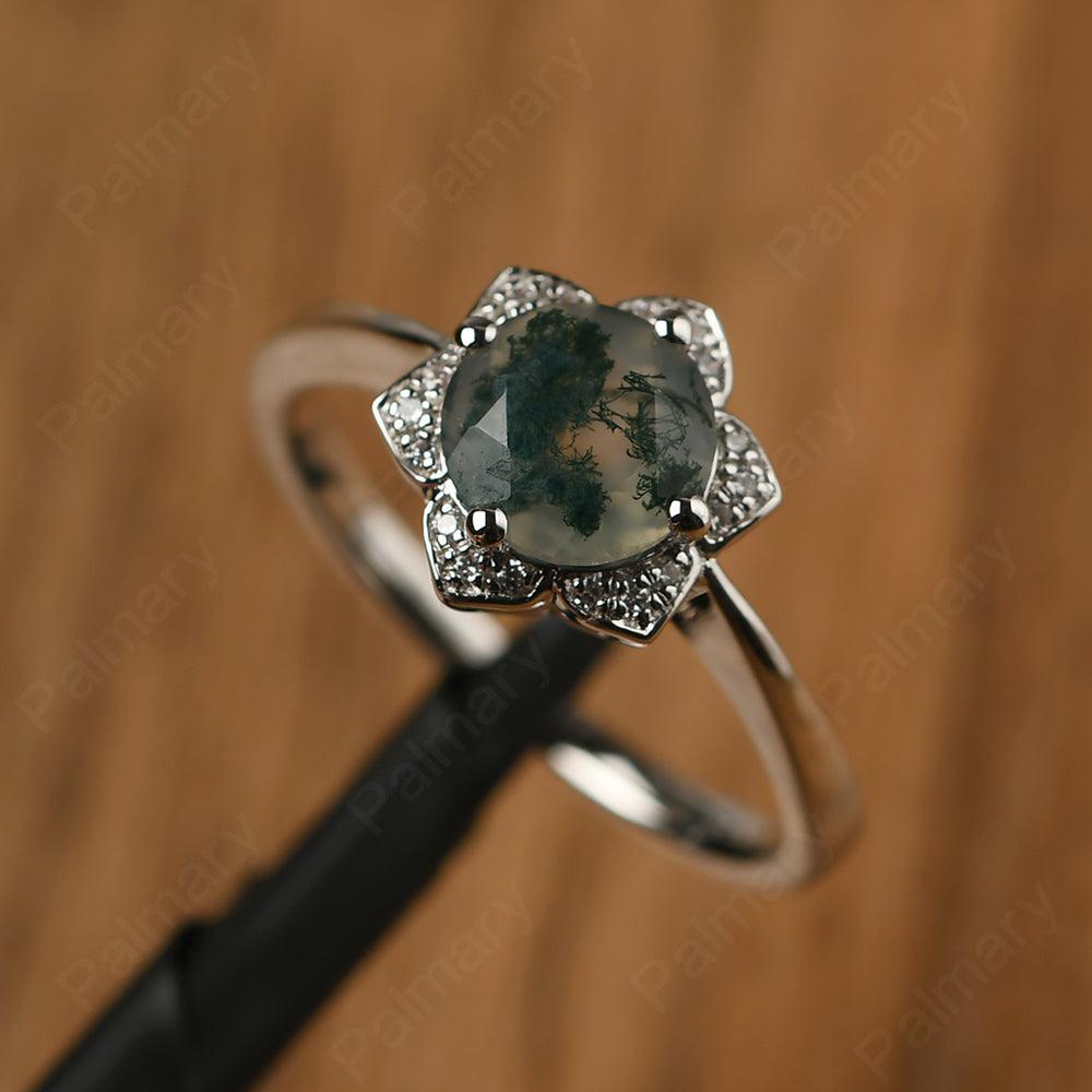 Round Cut Flower Moss Agate Engagement Rings - Palmary
