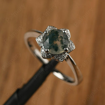 Round Cut Flower Moss Agate Engagement Rings - Palmary