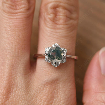 Round Cut Flower Moss Agate Engagement Rings - Palmary