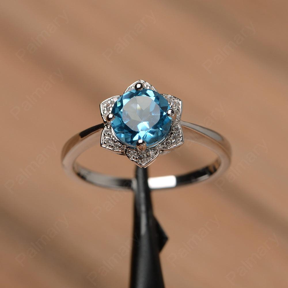 Round Cut Flower Swiss Blue Topaz Engagement Rings - Palmary