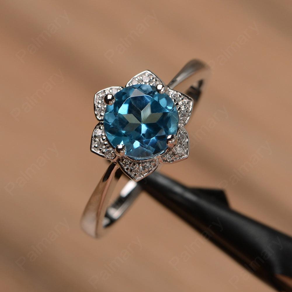 Round Cut Flower Swiss Blue Topaz Engagement Rings - Palmary