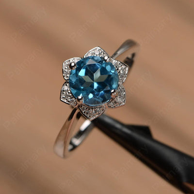 Round Cut Flower Swiss Blue Topaz Engagement Rings - Palmary