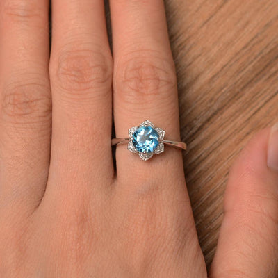 Round Cut Flower Swiss Blue Topaz Engagement Rings - Palmary