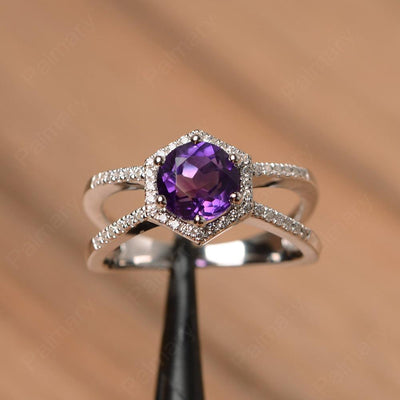 Hexagon Shaped Split Amethyst Halo Rings - Palmary