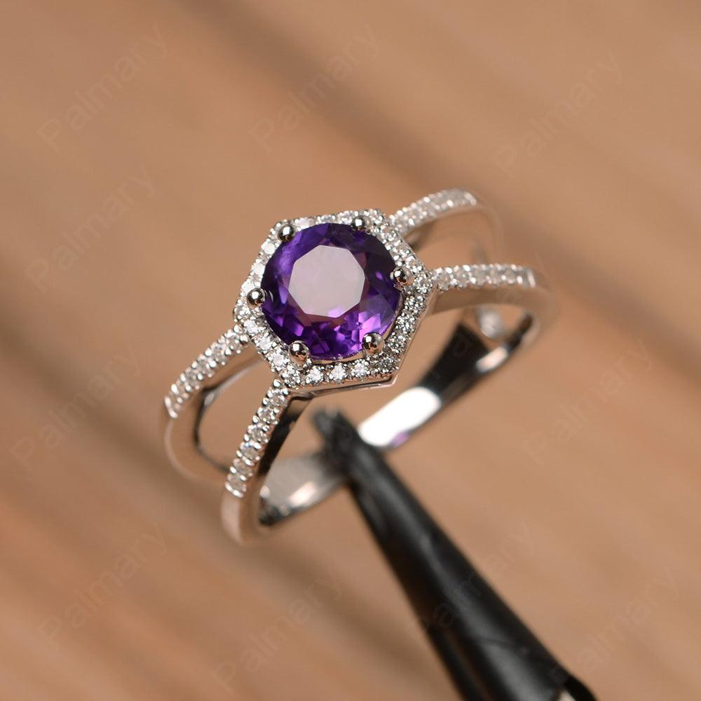 Hexagon Shaped Split Amethyst Halo Rings - Palmary