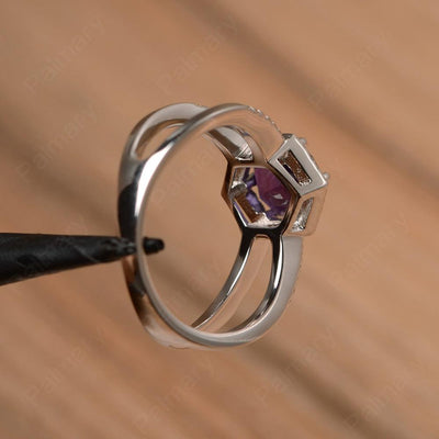 Hexagon Shaped Split Amethyst Halo Rings - Palmary