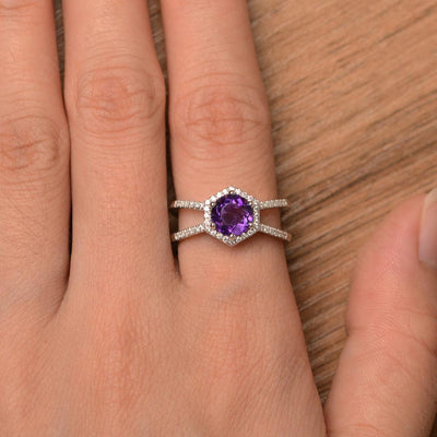 Hexagon Shaped Split Amethyst Halo Rings - Palmary