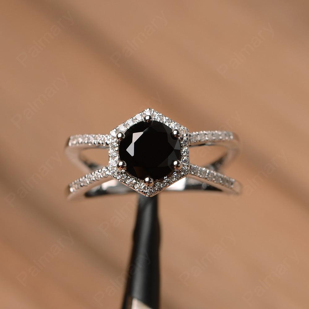 Hexagon Shaped Split Black Spinel Halo Rings - Palmary