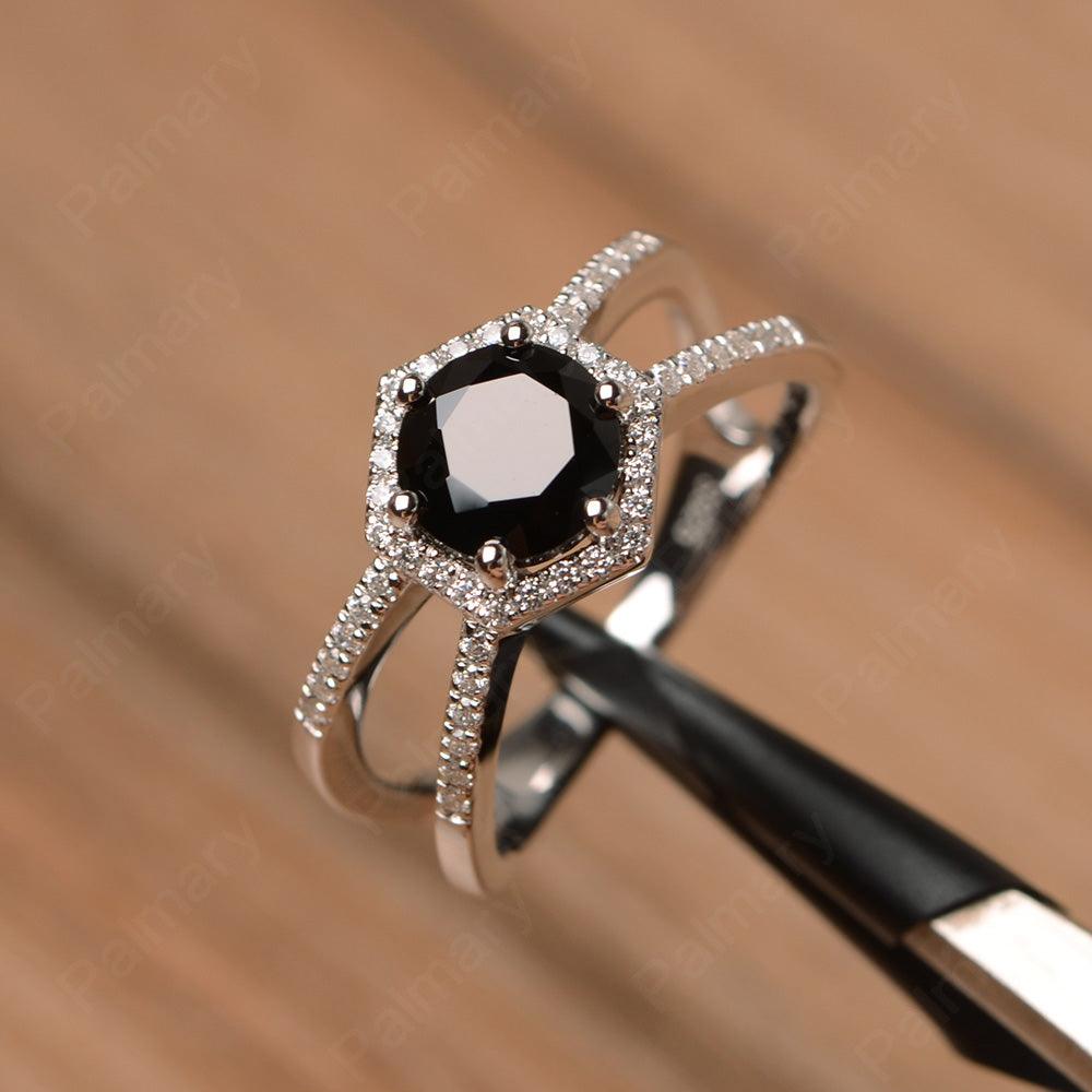 Hexagon Shaped Split Black Spinel Halo Rings - Palmary