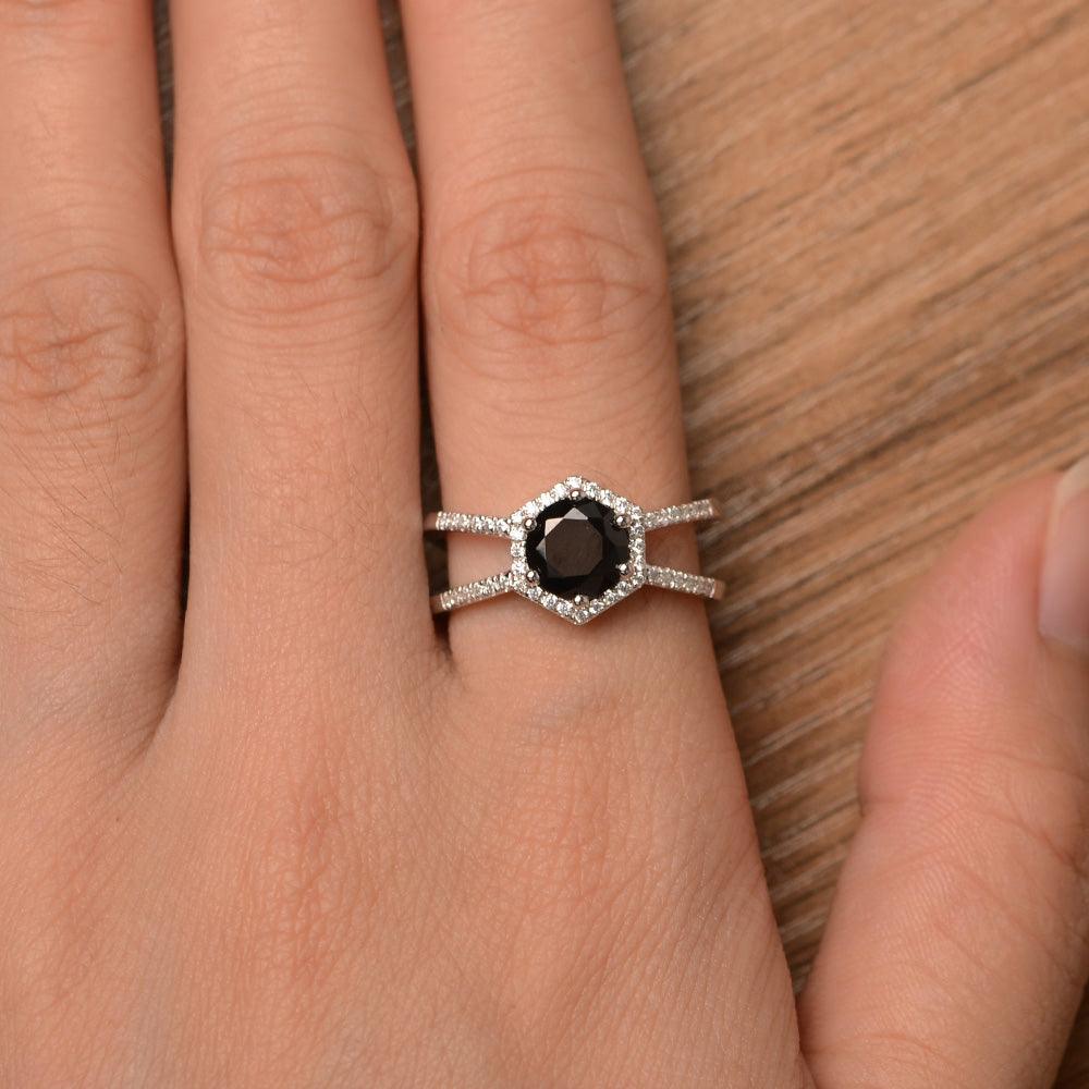 Hexagon Shaped Split Black Spinel Halo Rings - Palmary