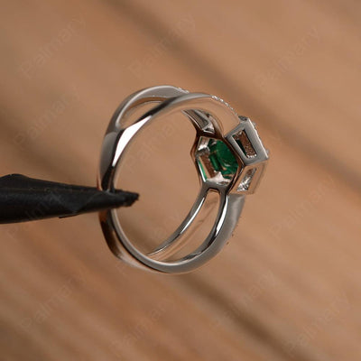 Hexagon Shaped Split Emerald Halo Rings - Palmary