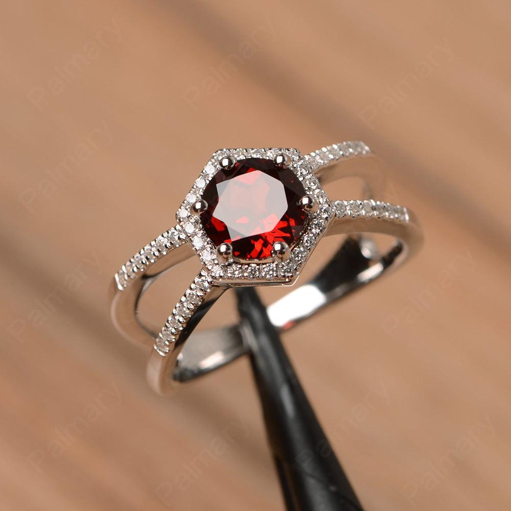 Hexagon Shaped Split Garnet Halo Rings - Palmary