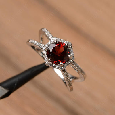 Hexagon Shaped Split Garnet Halo Rings - Palmary