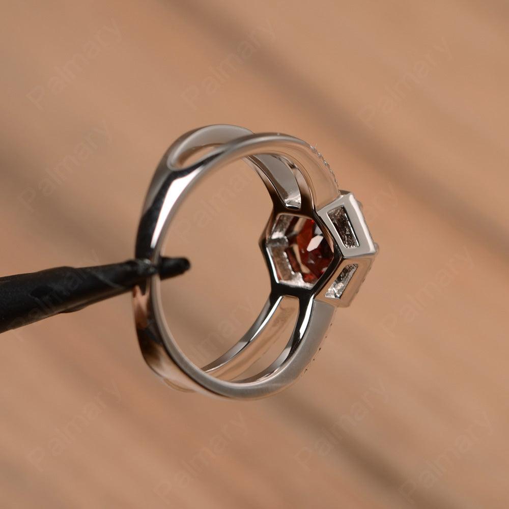 Hexagon Shaped Split Garnet Halo Rings - Palmary