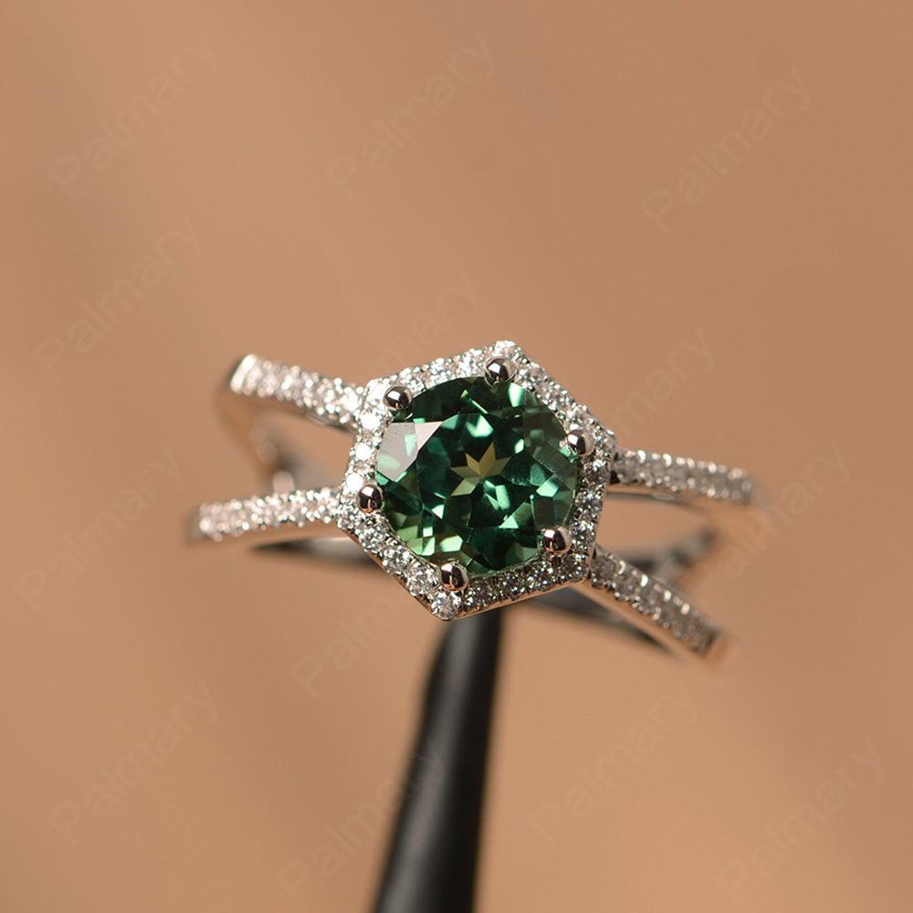 Hexagon Shaped Split Green Sapphire Halo Rings - Palmary