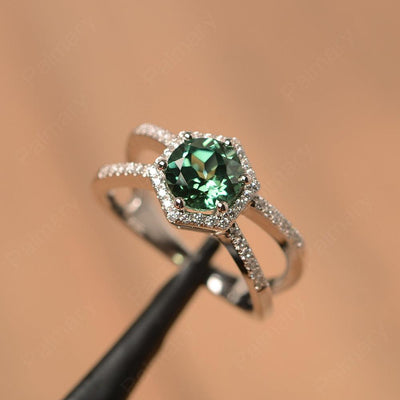 Hexagon Shaped Split Green Sapphire Halo Rings - Palmary