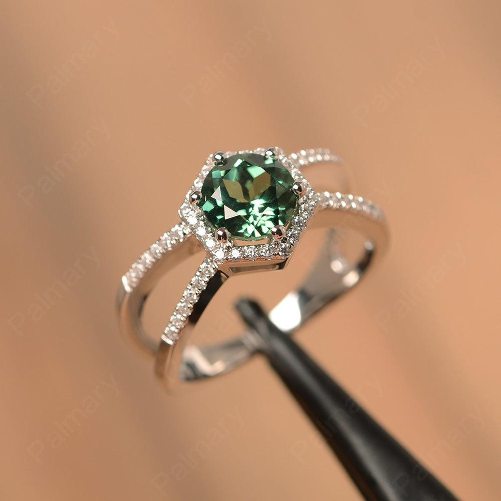 Hexagon Shaped Split Green Sapphire Halo Rings - Palmary