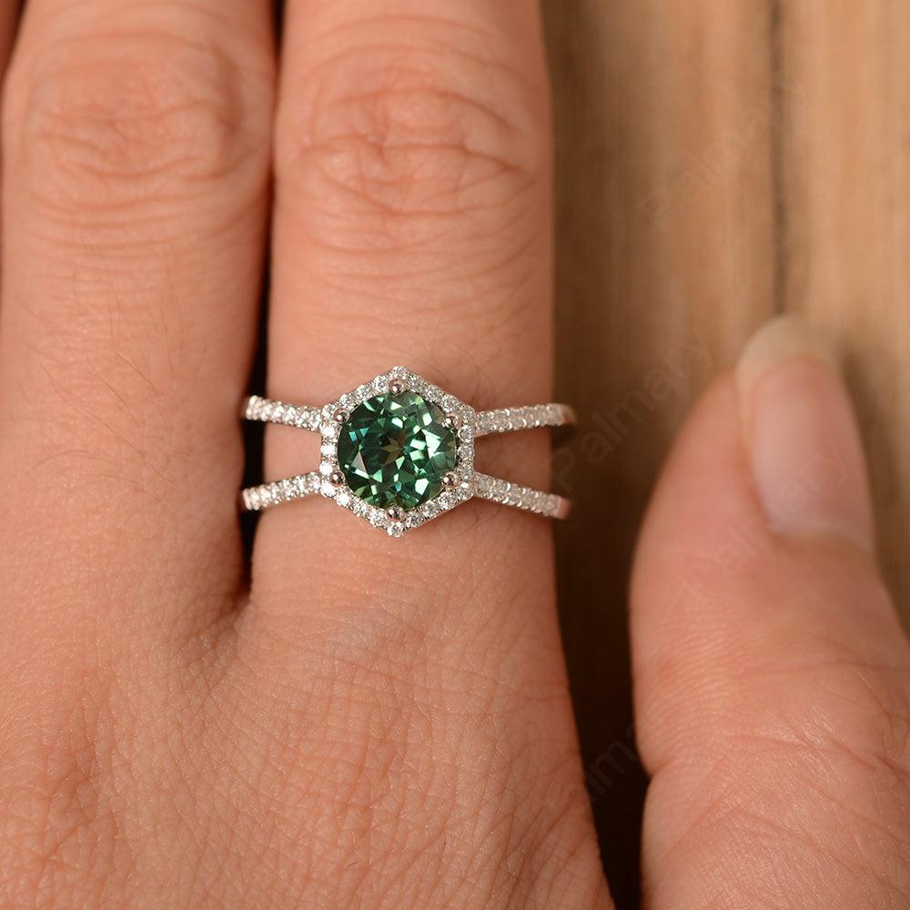 Hexagon Shaped Split Green Sapphire Halo Rings - Palmary