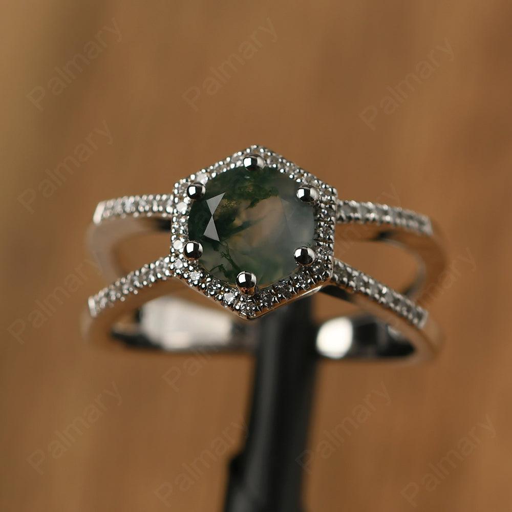 Hexagon Shaped Split Moss Agate Halo Rings - Palmary