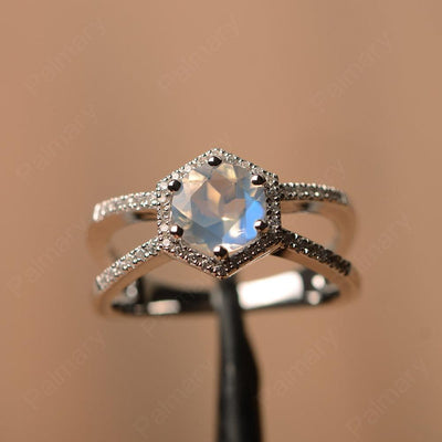 Hexagon Shaped Split Moonstone Halo Rings - Palmary