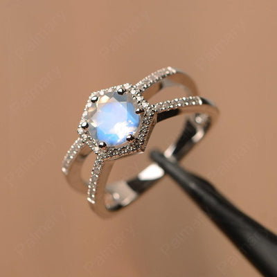 Hexagon Shaped Split Moonstone Halo Rings - Palmary
