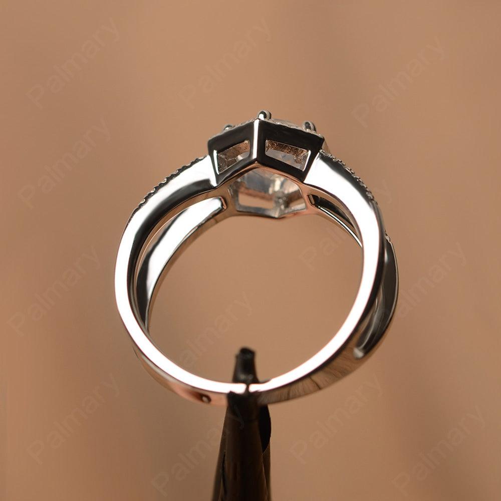 Hexagon Shaped Split Moonstone Halo Rings - Palmary