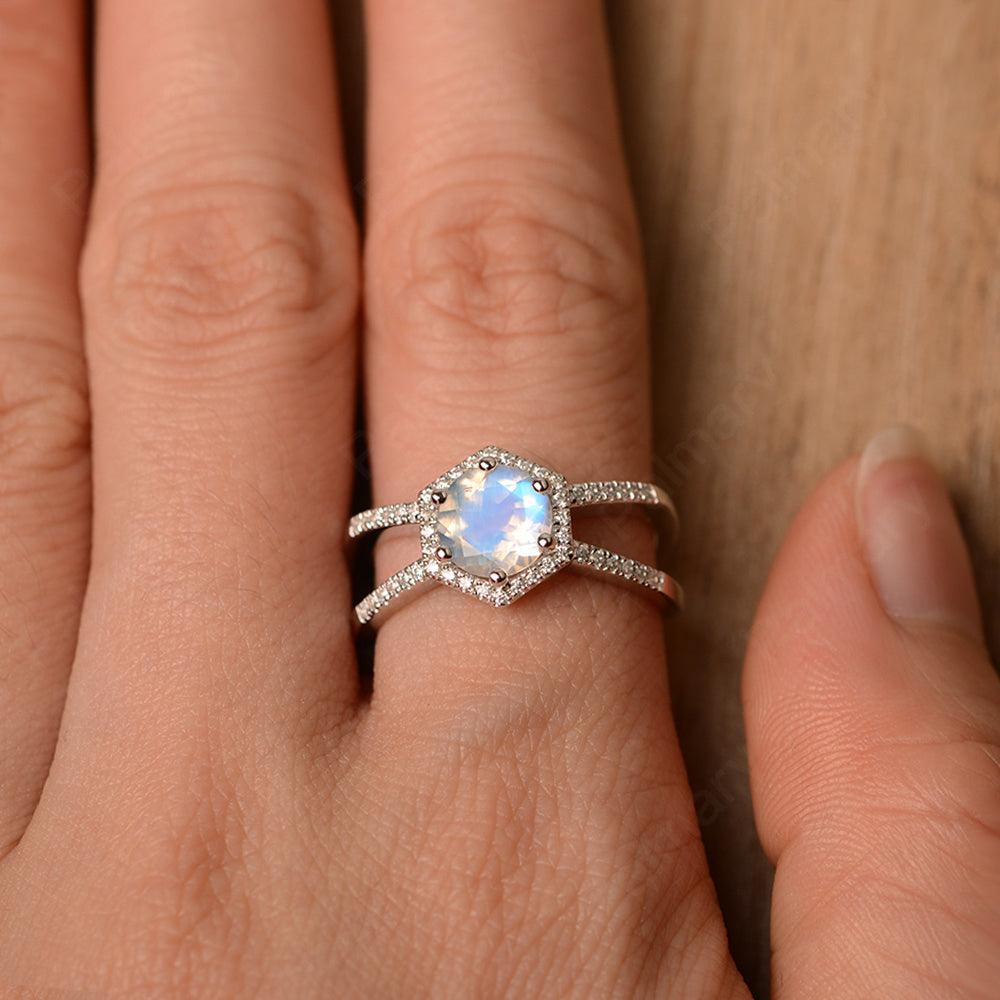 Hexagon Shaped Split Moonstone Halo Rings - Palmary