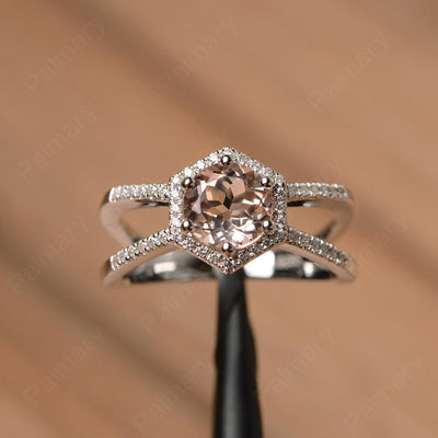 Hexagon Shaped Split Morganite Halo Rings - Palmary